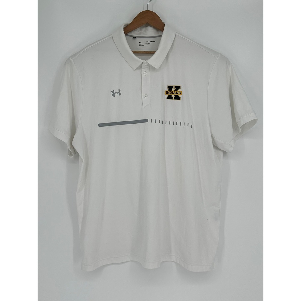 Under Armour Mens‎ White Indians Logo Performance Polo Shirt 3XL Loose Fit B6